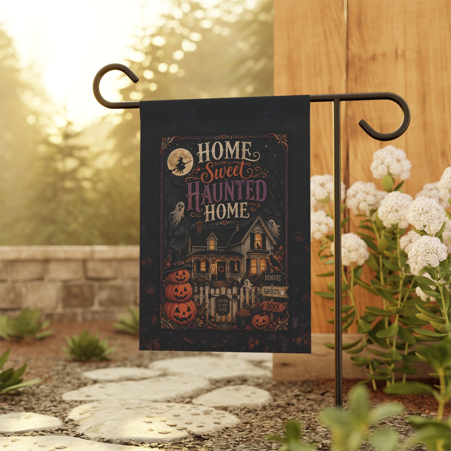 Halloween Garden Flag - "Home Sweet Haunted Home" Decorative House Banner