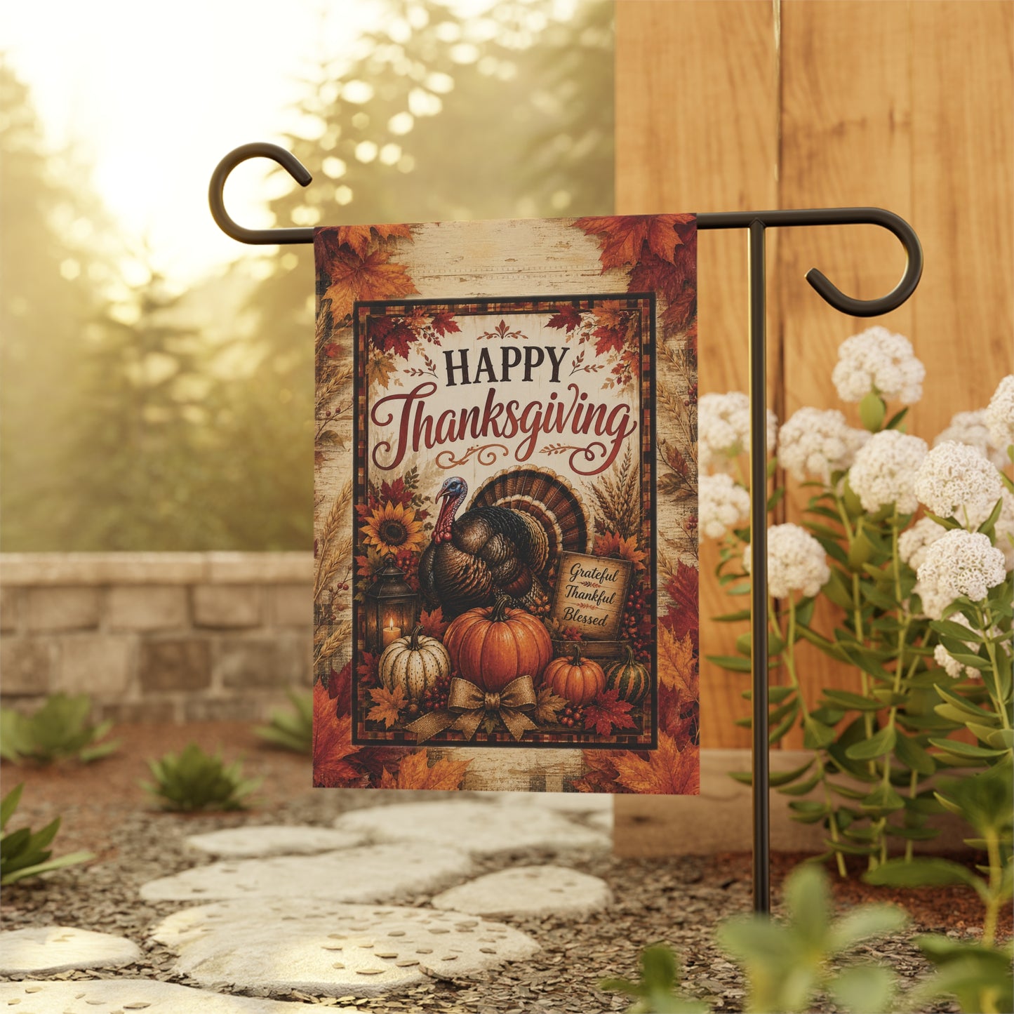 Thanksgiving Garden Flag — Happy Thanksgiving Turkey & Pumpkins Fall House Banner