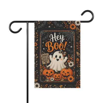 Hey Boo! Halloween Garden Flag — Cute Ghost & Pumpkins Outdoor House Banner