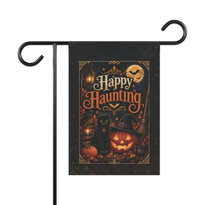 Halloween Garden Flag — "Happy Haunting" Pumpkin & Black Cat Yard Banner