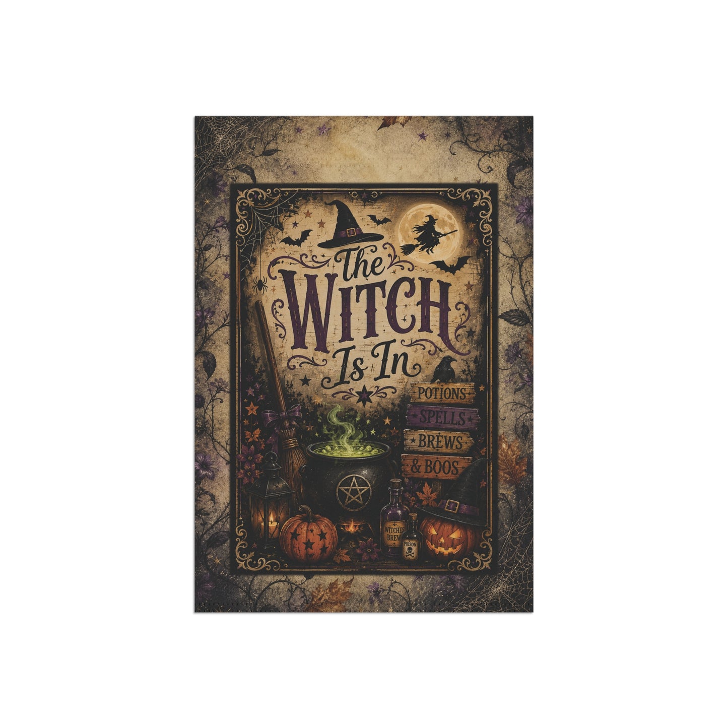 Halloween Garden Flag — "The Witch Is In" Vintage Spooky Pumpkin & Cauldron Yard Banner