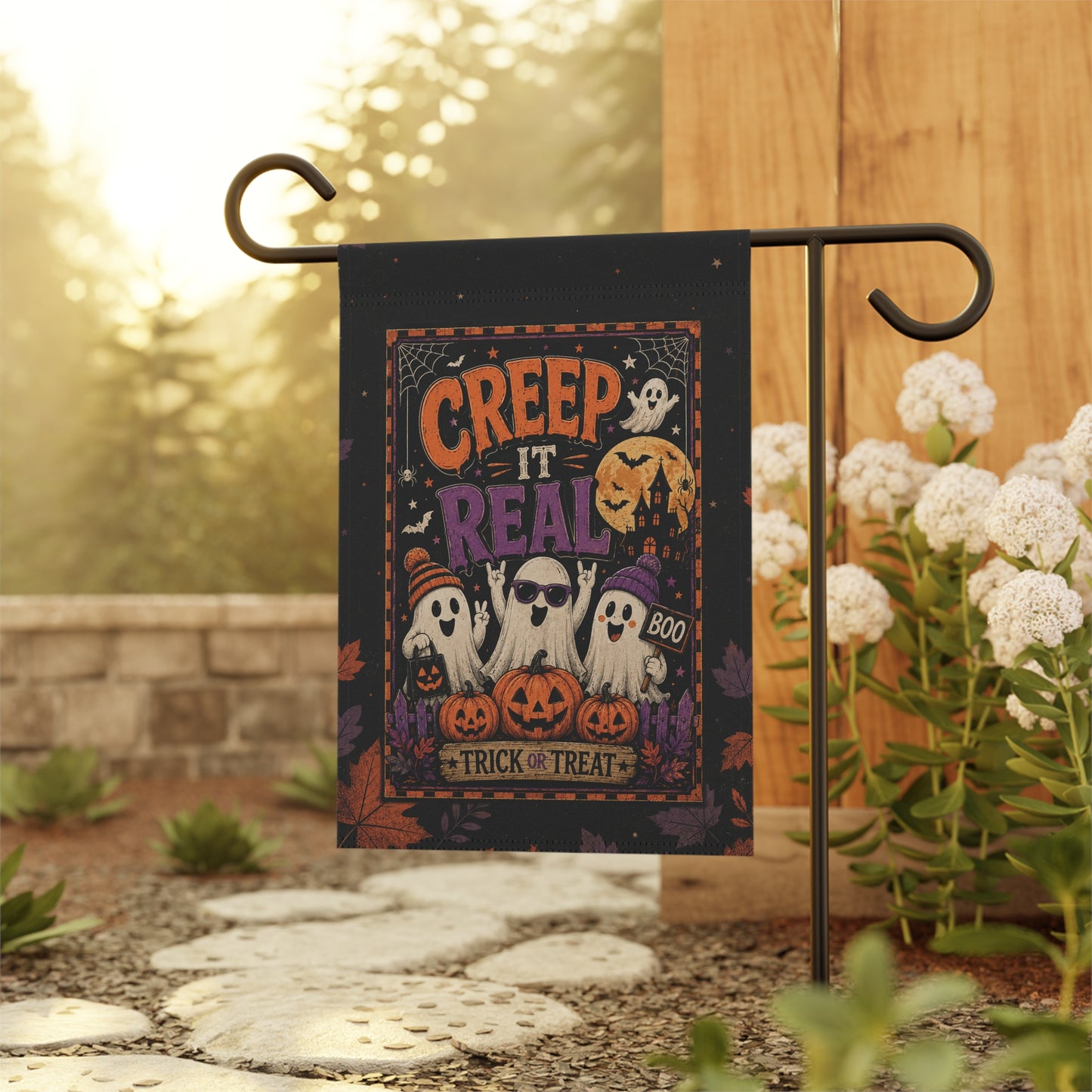 Halloween Garden Flag - "Creep It Real" Ghosts & Pumpkins Yard Banner