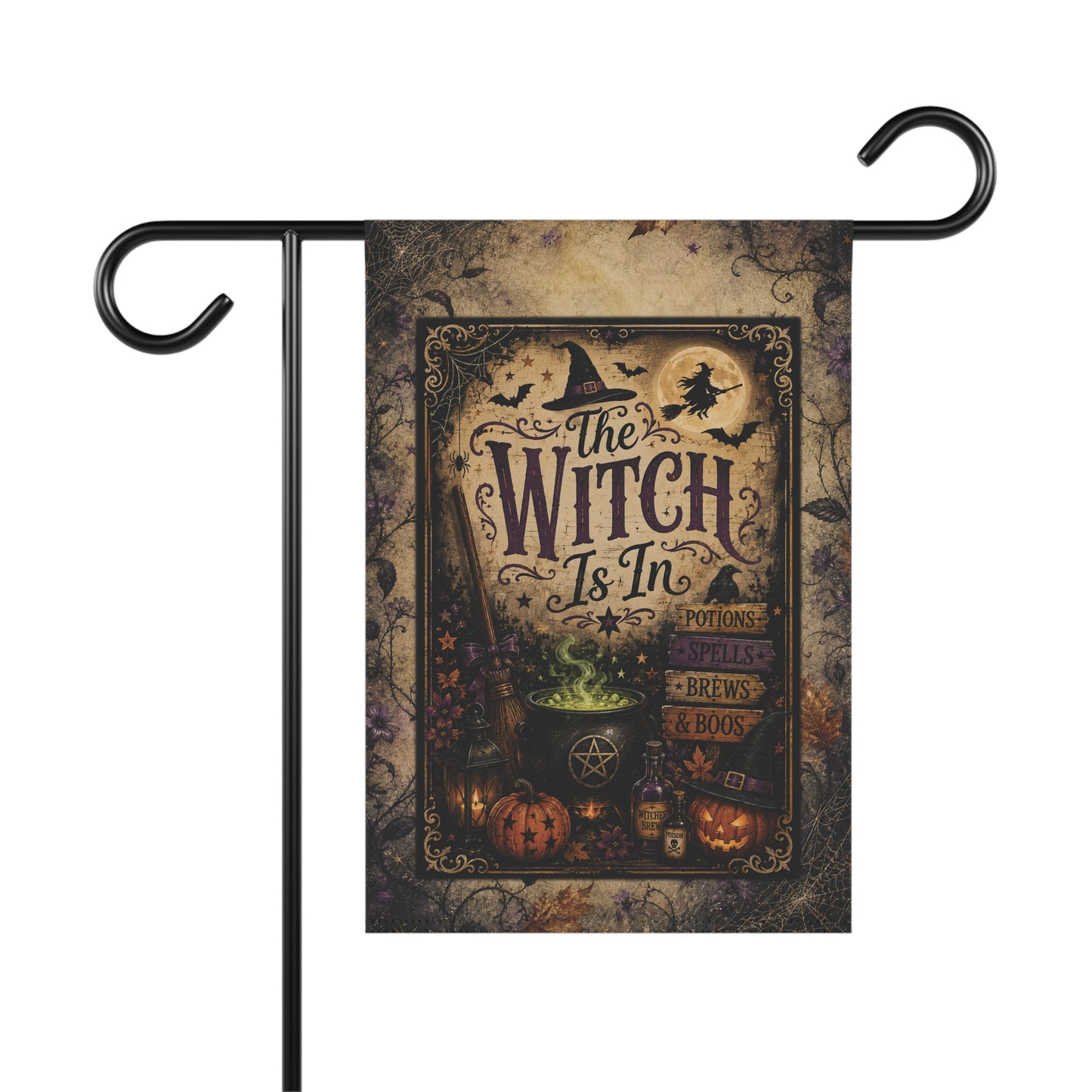 Halloween Garden Flag — "The Witch Is In" Vintage Spooky Pumpkin & Cauldron Yard Banner