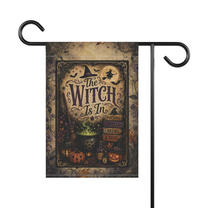 Halloween Garden Flag — "The Witch Is In" Vintage Spooky Pumpkin & Cauldron Yard Banner