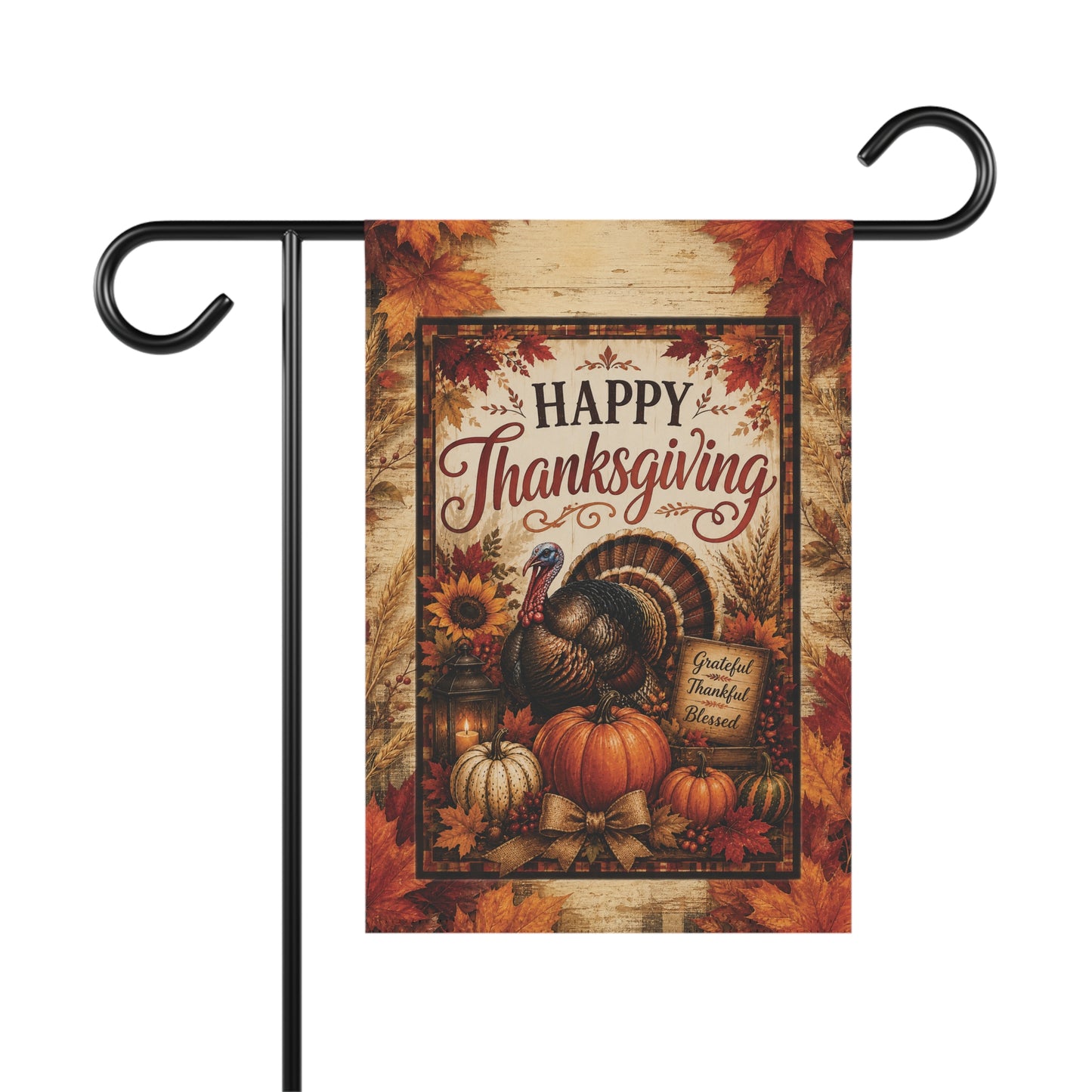 Thanksgiving Garden Flag — Happy Thanksgiving Turkey & Pumpkins Fall House Banner