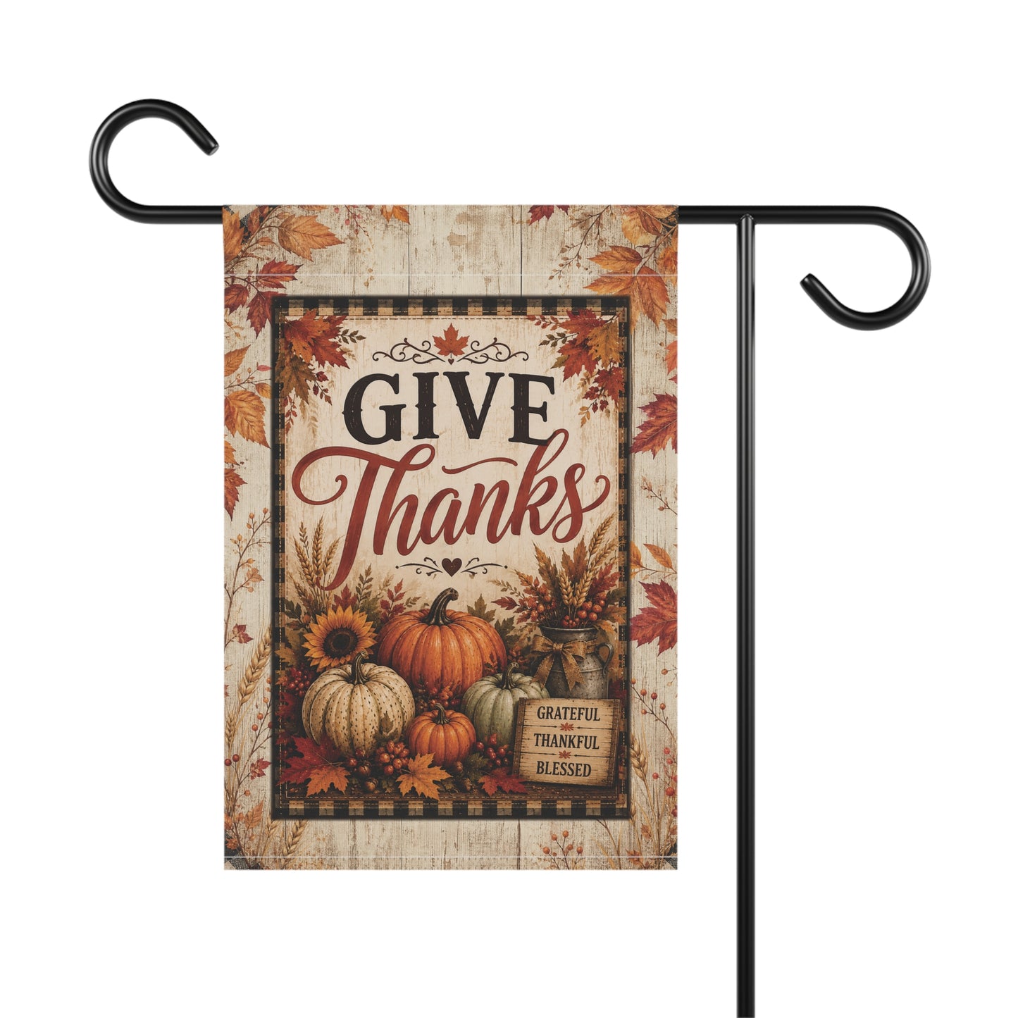 Give Thanks Fall Garden Flag — Thanksgiving Yard Banner with Pumpkins & Sunflowers