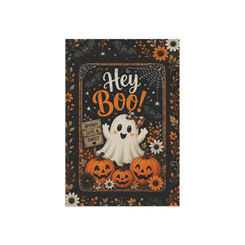 Hey Boo! Halloween Garden Flag — Cute Ghost & Pumpkins Outdoor House Banner
