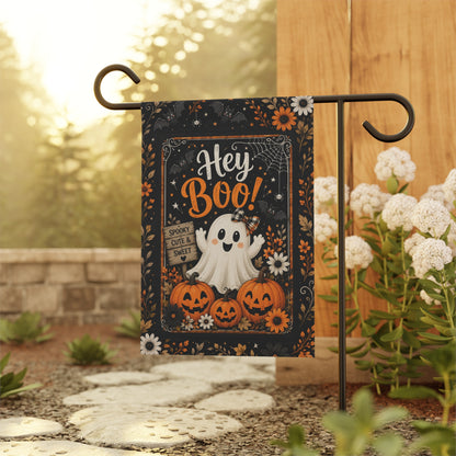 Hey Boo! Halloween Garden Flag — Cute Ghost & Pumpkins Outdoor House Banner