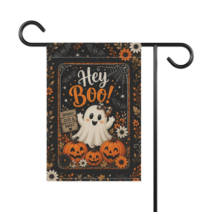 Hey Boo! Halloween Garden Flag — Cute Ghost & Pumpkins Outdoor House Banner