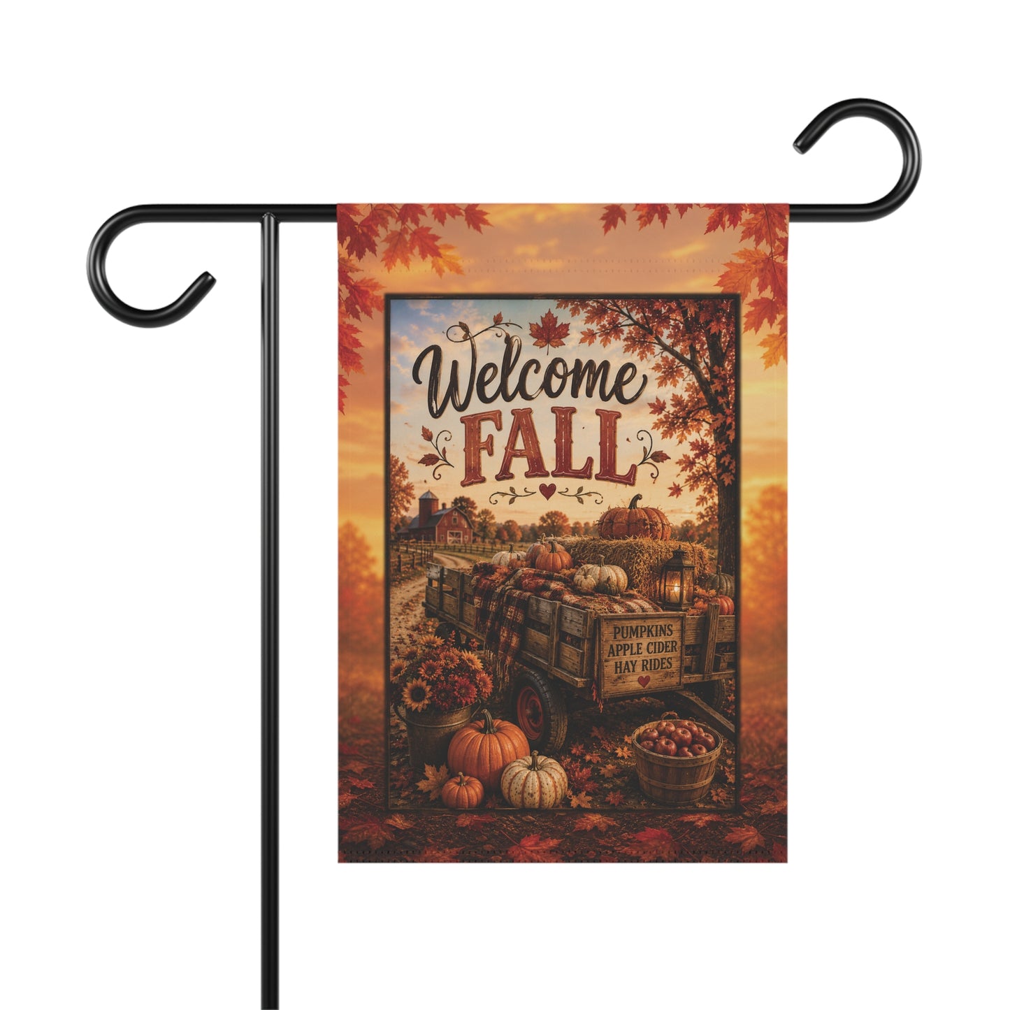 Welcome Fall Garden Flag — Autumn Pumpkins & Harvest Wagon Yard Banner