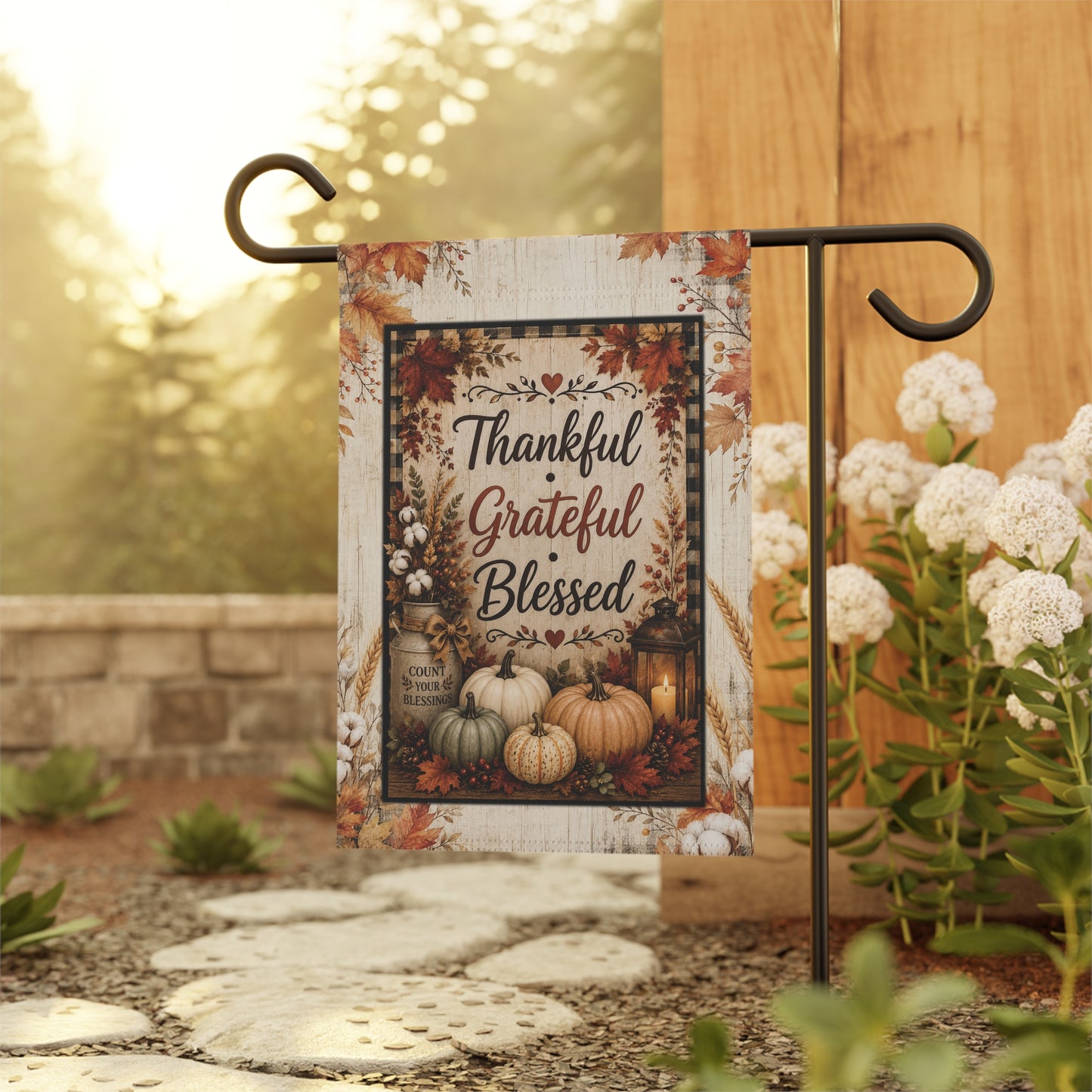 Thankful Grateful Blessed Garden Flag - Autumn Pumpkin Fall House Banner