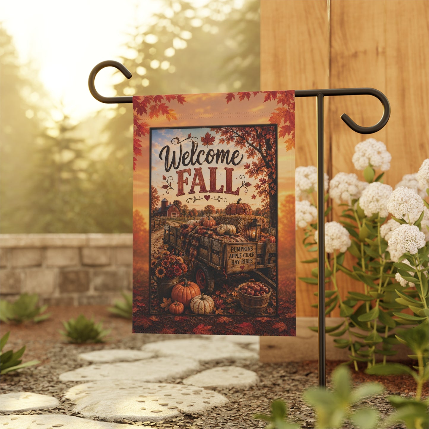 Welcome Fall Garden Flag — Autumn Pumpkins & Harvest Wagon Yard Banner