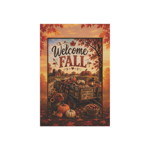 Welcome Fall Garden Flag — Autumn Pumpkins & Harvest Wagon Yard Banner