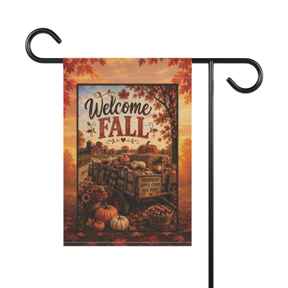 Welcome Fall Garden Flag — Autumn Pumpkins & Harvest Wagon Yard Banner