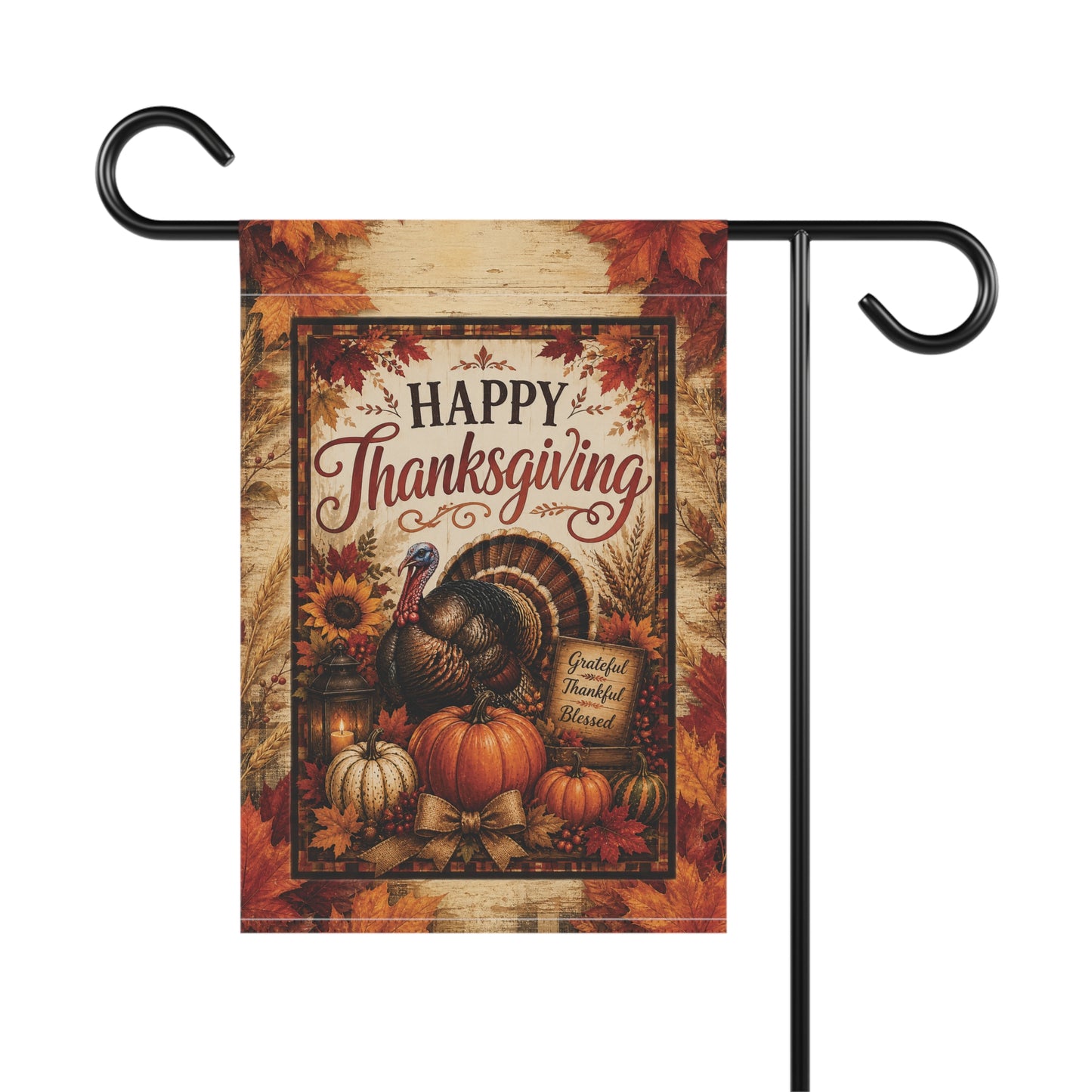 Thanksgiving Garden Flag — Happy Thanksgiving Turkey & Pumpkins Fall House Banner