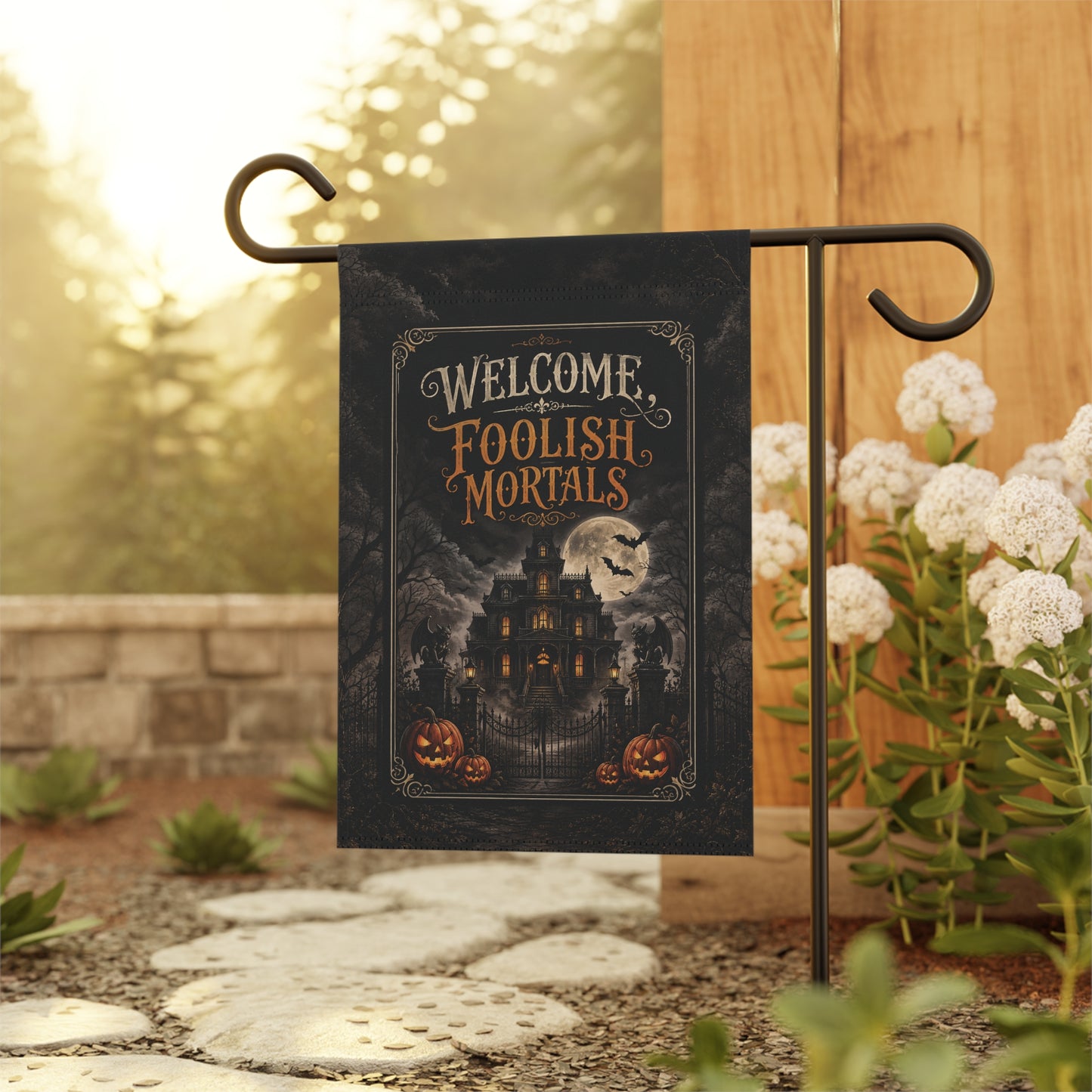 Halloween Garden Flag - "Welcome, Foolish Mortals" Haunted House Yard Banner