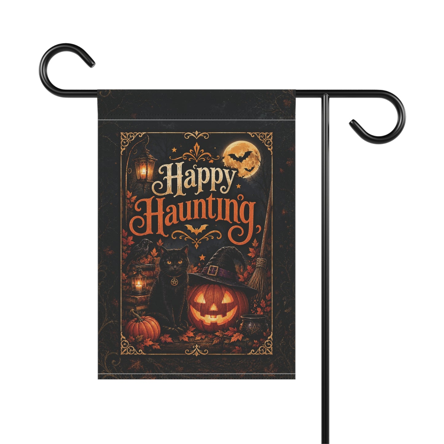 Halloween Garden Flag — "Happy Haunting" Pumpkin & Black Cat Yard Banner