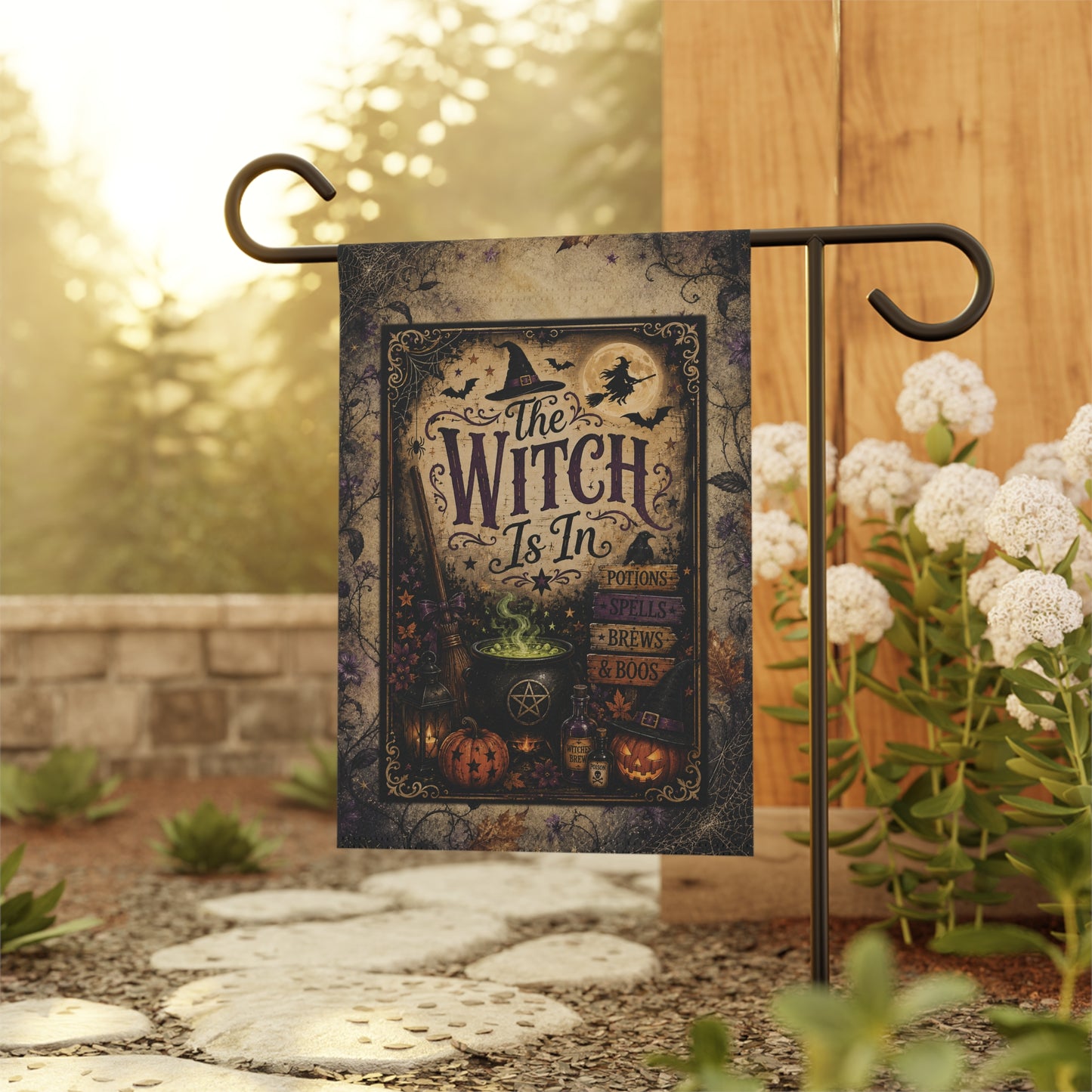 Halloween Garden Flag — "The Witch Is In" Vintage Spooky Pumpkin & Cauldron Yard Banner