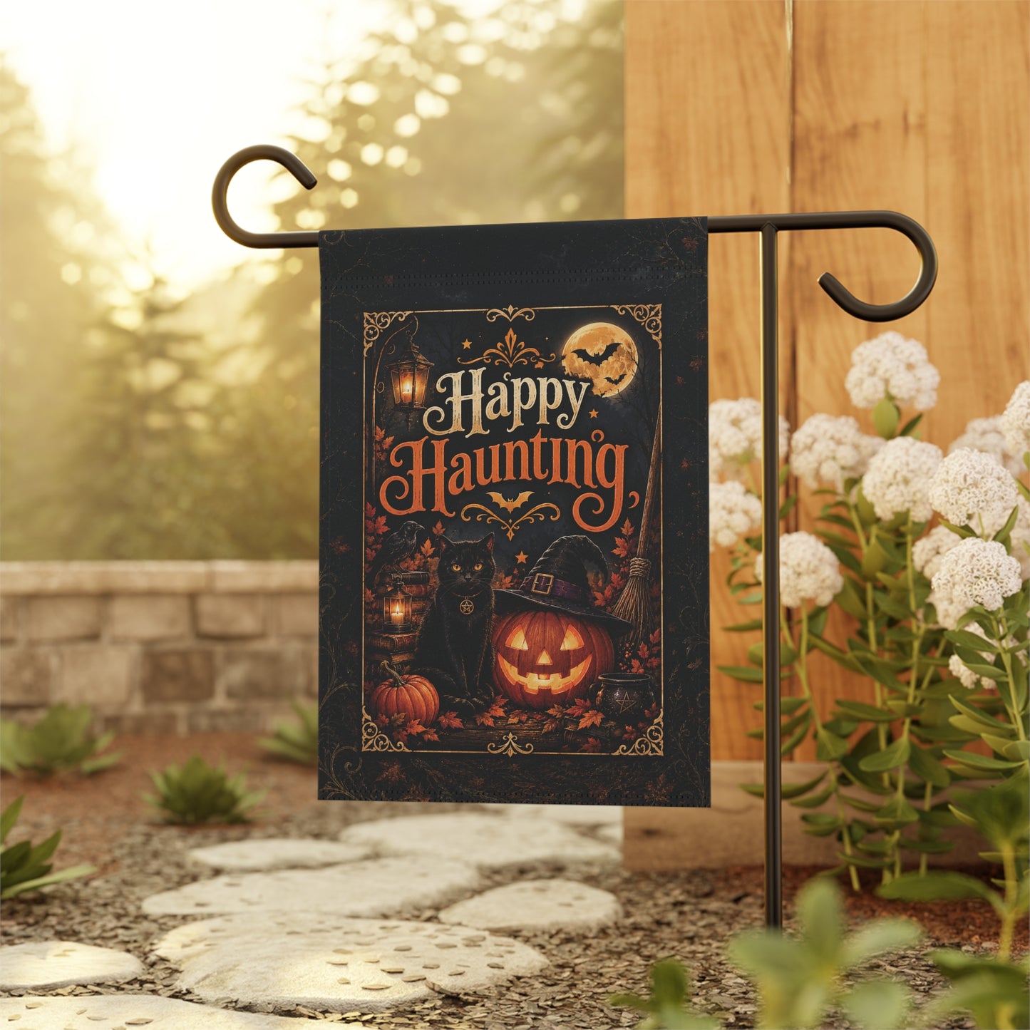 Halloween Garden Flag — "Happy Haunting" Pumpkin & Black Cat Yard Banner
