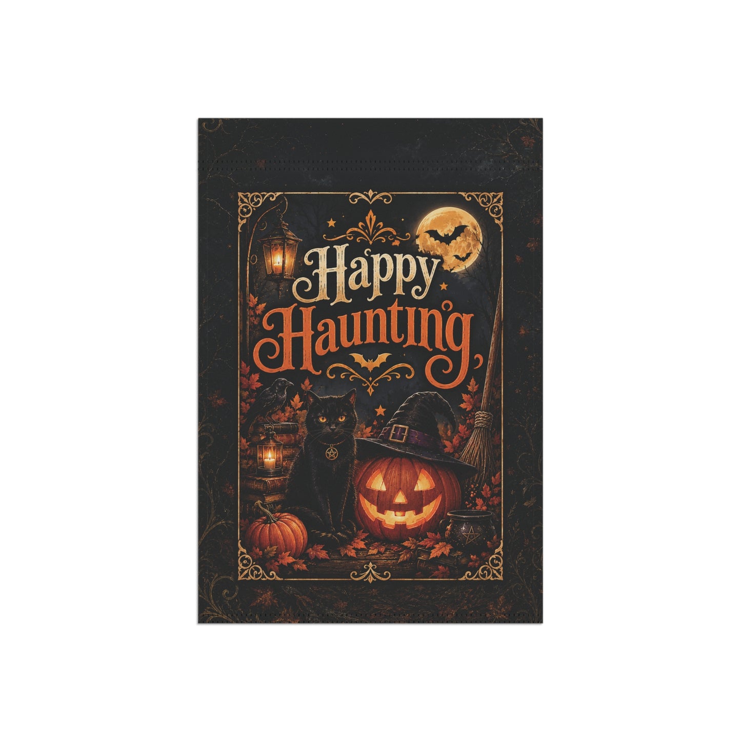 Halloween Garden Flag — "Happy Haunting" Pumpkin & Black Cat Yard Banner