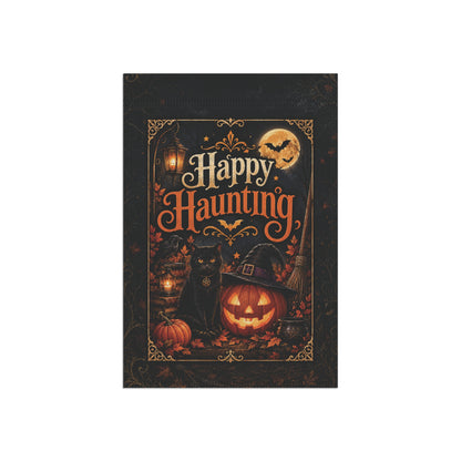 Halloween Garden Flag — "Happy Haunting" Pumpkin & Black Cat Yard Banner