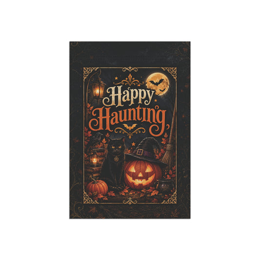 Halloween Garden Flag — "Happy Haunting" Pumpkin & Black Cat Yard Banner