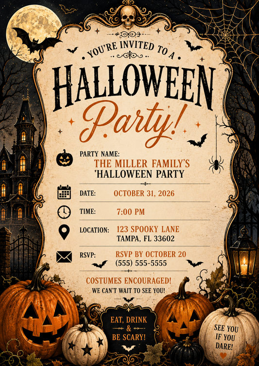 Editable Gothic Haunted House Halloween Party Invitation | Vintage Spooky Printable Template